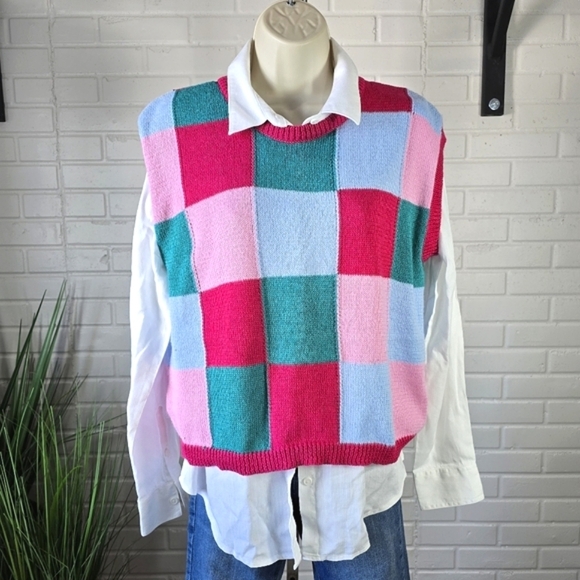 NWT &Merci Colorful Checkered Sweater Vest Oversized size Small - Picture 1 of 7